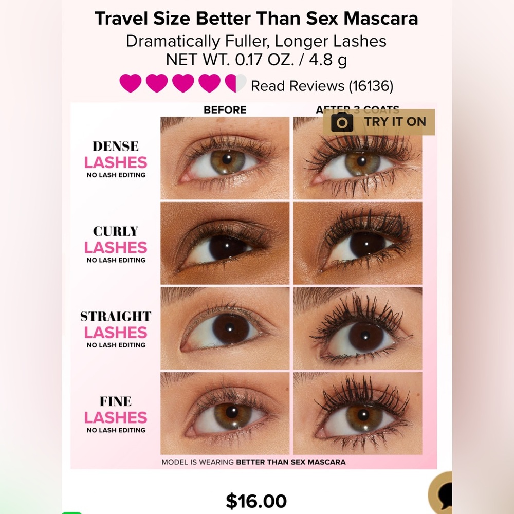 🎀 PICK 5/$25 Too Faced Travel Size Better Than Sex Mascara 0.17 oz - Picture 3 of 3